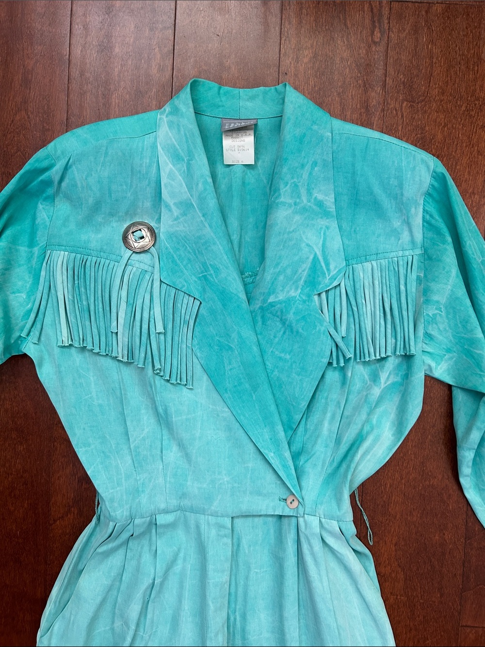Vintage 80s Rabbit Rabbit Rabbit Turquoise Jumpsuit with Fringe & Conchos, Small - Picture 3 of 16